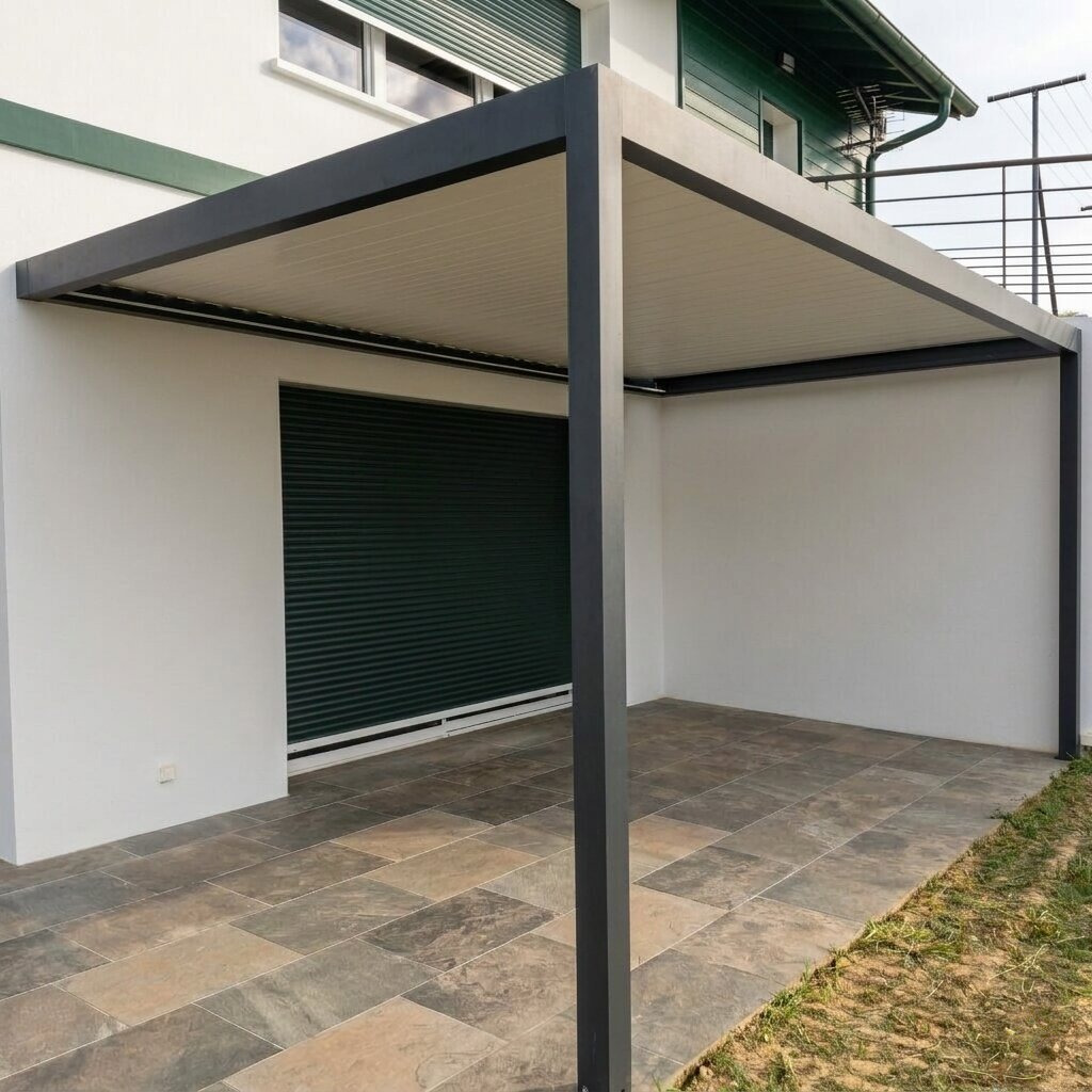 Pergola aluminium ou PVC bioclimatique sur mesure avec vue sur les montagnes basques